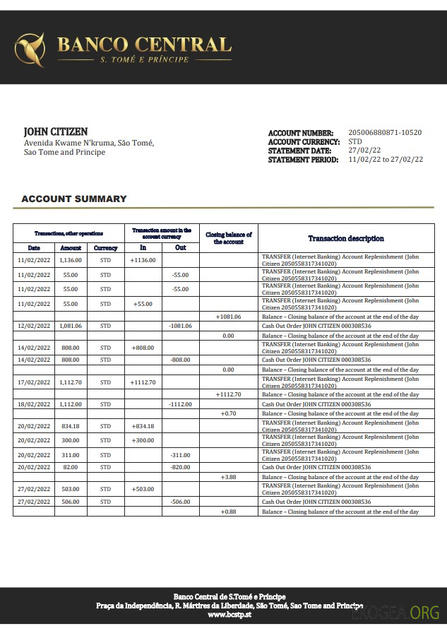 Relevé bancaire Sao Tomé et Principe Banco Central de S.Tome e Principe